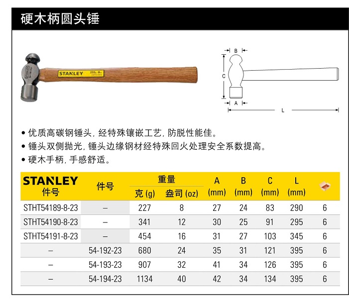 史丹利硬木柄圆头锤8oz.jpg